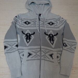 Red Dragon Apparel Knit Hoodie Sweater Southwestern Bull Skull Zip Up Size M